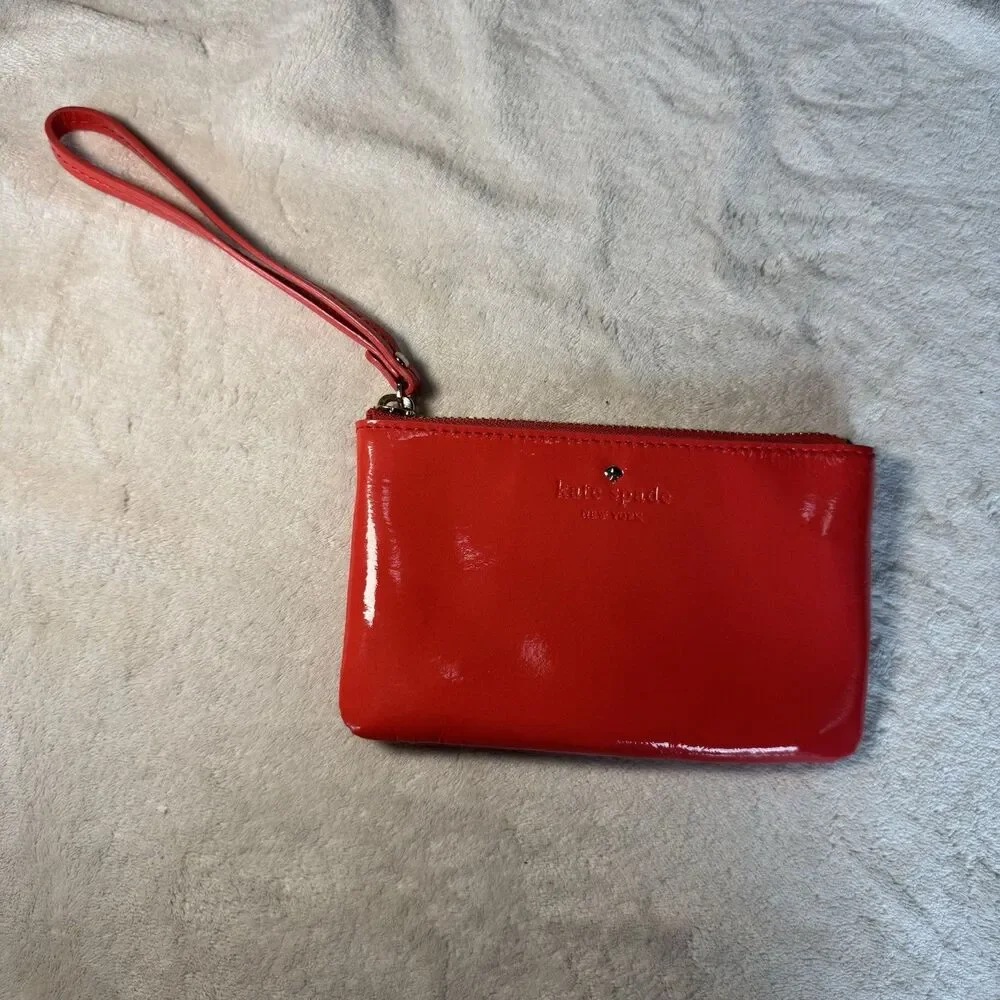 Kate Spade New York Coral Red Pink Patent Logo Zip Wristlet Pouch with Gold